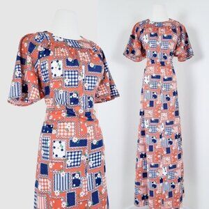 70s patchwork maxi dress floor length high neck vintage tulip sleeve